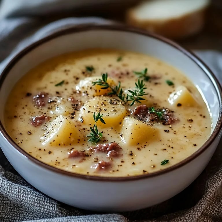 Cremige Käsesuppe mit gehacktem Hähnchenfleisch
