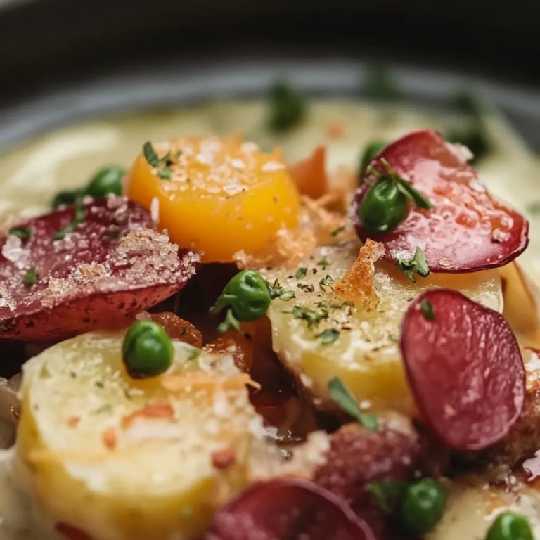 Kartoffelauflauf mit Rosenkohl und Rinderbauchspeck