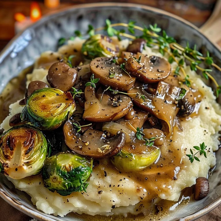 Pilzpfanne Rosenkohl Kartoffelpüree