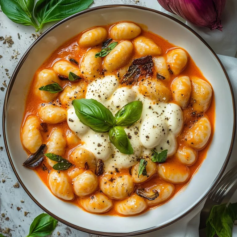 Gnocchi Pfanne mit Tomate, Mozzarella und Basilikum
