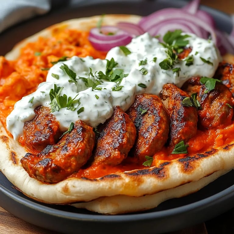 Tomaten-Kritharaki mit veganen Cevapcici und Tzatziki