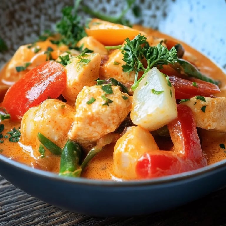 Paprika-Sahne-Hähnchen mit Reis