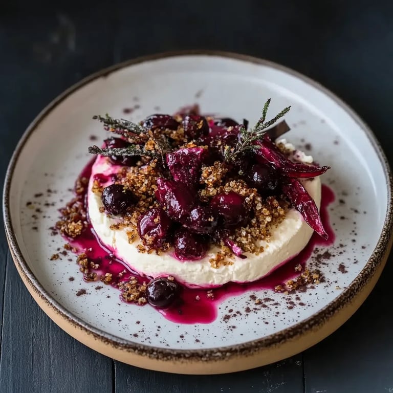 Gebackene Rote Bete auf aufgeschlagenem Honig-Thymian-Ricotta und Pumpernickelbrösel