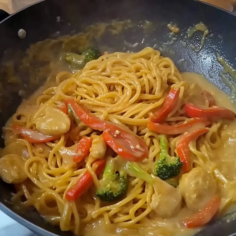 Mie Nudeln mit Erdnusssauce und Gemüse
