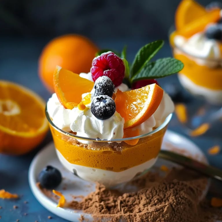 Sahne Quark Dessert in gefüllten Orangen