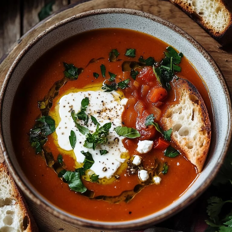 Ofengeröstete Tomatensuppe mit Burrata und Knoblauchbrot