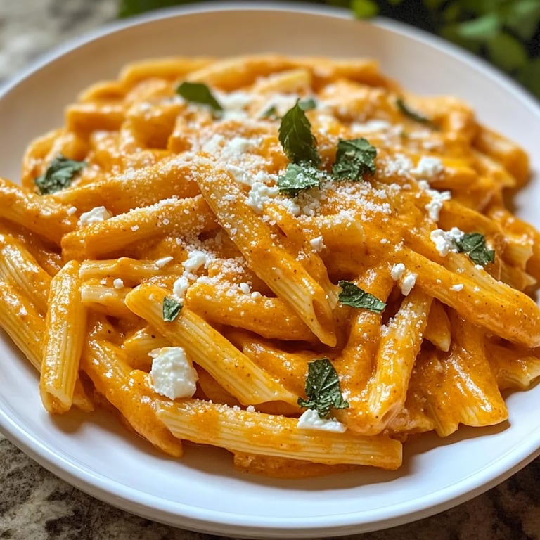 Kürbissoße mit Nudeln und Feta