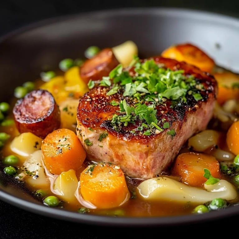 Erbseneintopf mit Würstchen und Speck