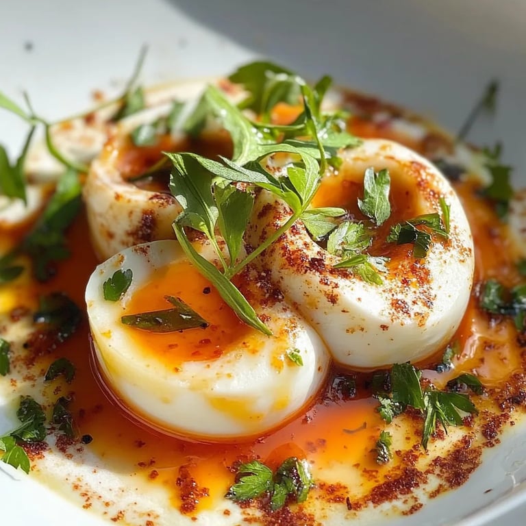 Weiche Eier mit Chili-Butter und Knoblauchjoghurt