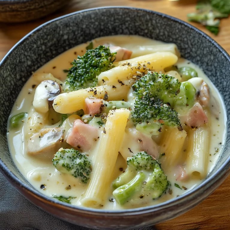 Nudeln in Käse-Sahne-Sauce mit Brokkoli und Schinken