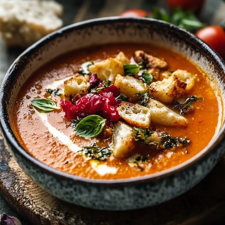 Sommerliche Tomatensuppe mit gerösteten Tomaten und frischen Kräutern