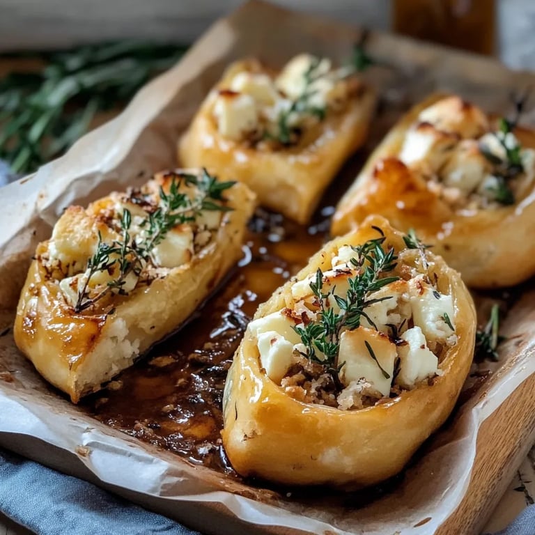 Warme Birnenhälften mit Ziegenkäse und frischem Rosmarin