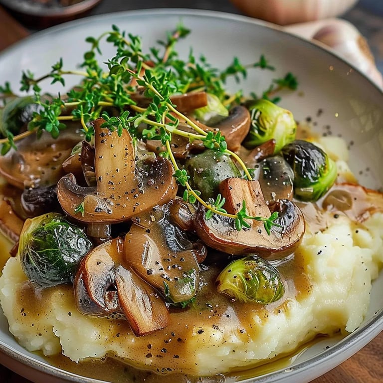 Pilzpfanne Rosenkohl Kartoffelpüree