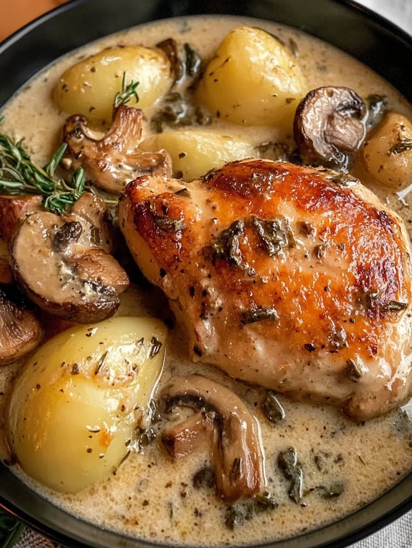 Herb Roasted Chicken in Creamy White Sauce with Mushroom and Potatoes