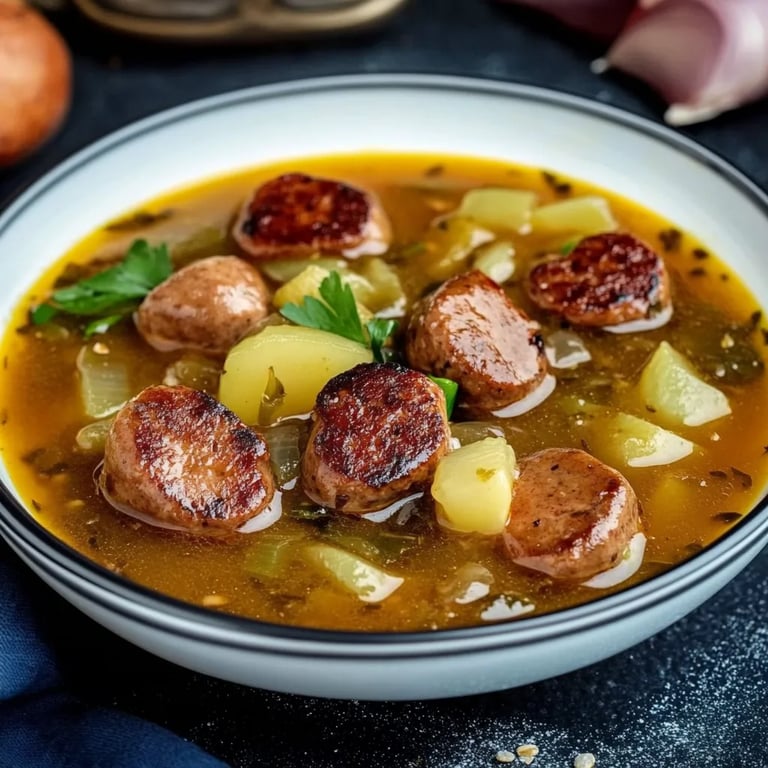 Porree-Eintopf mit Würstchen