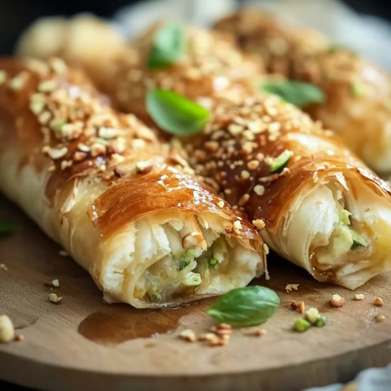 Feta-Sticks mit knusprigem Blätterteig, Honig und Pistazien