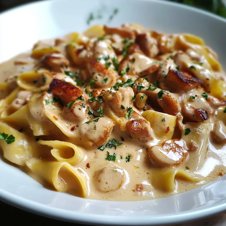 Cremiges Hähnchenragout mit Bandnudeln