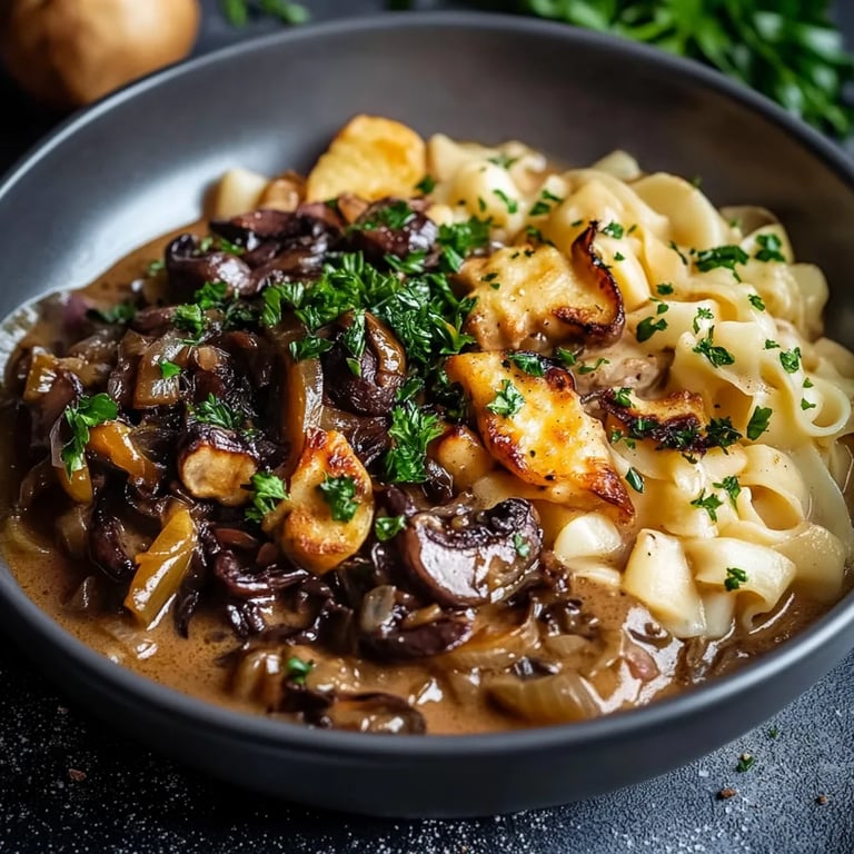 Herzhaftes Pilz-Maronen Ragout mit Ofenknödeln und Rotkraut