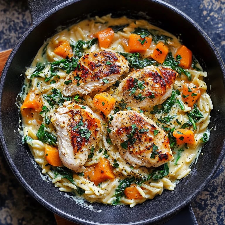 Creamy Chicken Orzo with Butternut Squash and Spinach