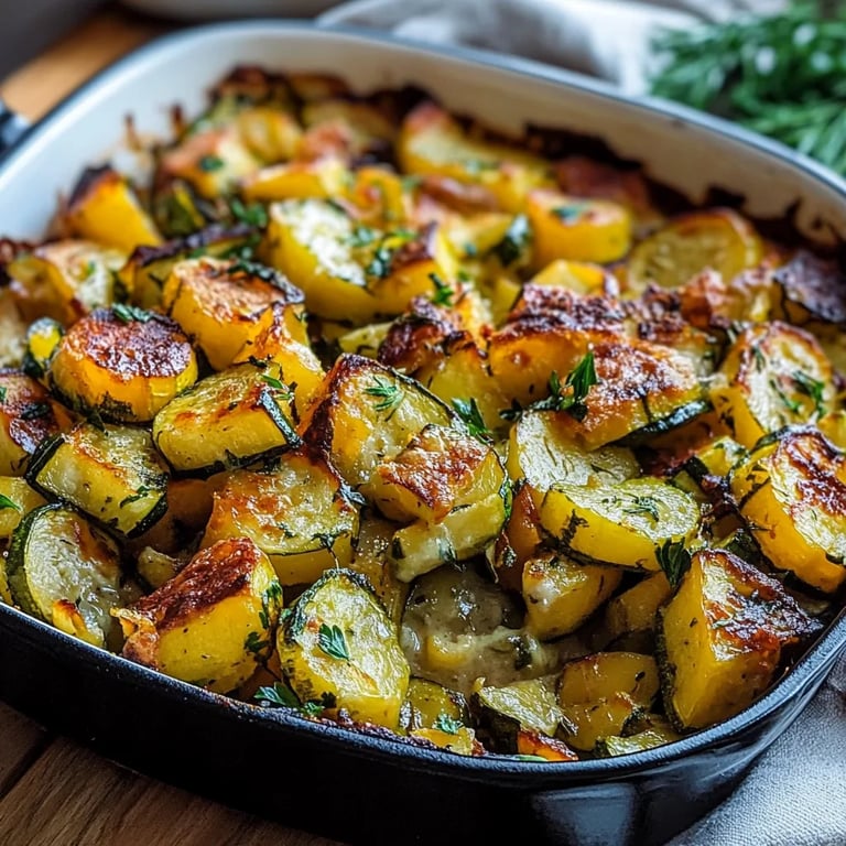 Vegetarischer Kartoffelauflauf mit Zucchini, Karotten und Zwiebeln