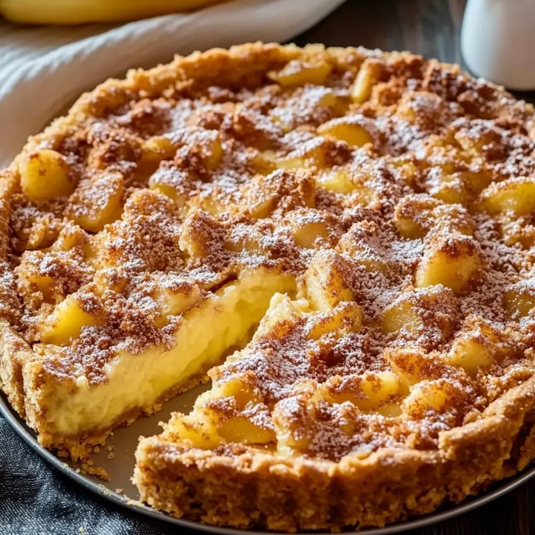 Traditioneller Apfelkuchen mit Pudding und Zimtstreuseln