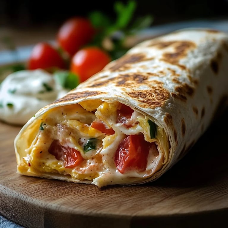 Einfacher Frühstückswrap mit Ei, Käse und Tomaten