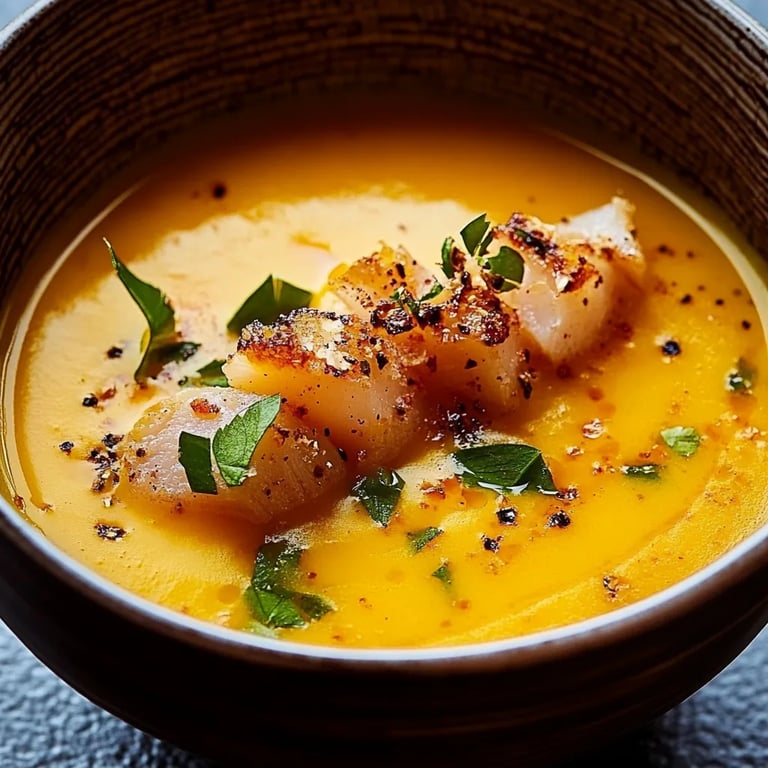 Süßkartoffel-Orangen-Suppe mit Chili-Garnelen