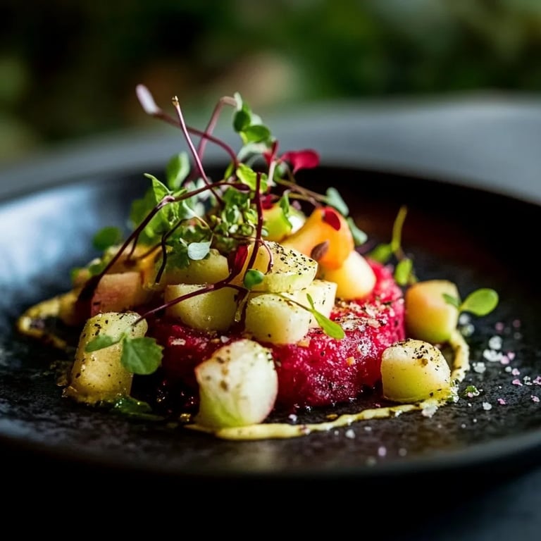 Rote Rüben Tatar mit Apfel, Kapern & Haselnuss-Mayo