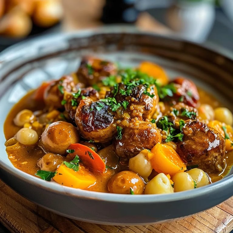 Deftiger Rosenkohleintopf mit würzigen Hackbällchen und Gemüse