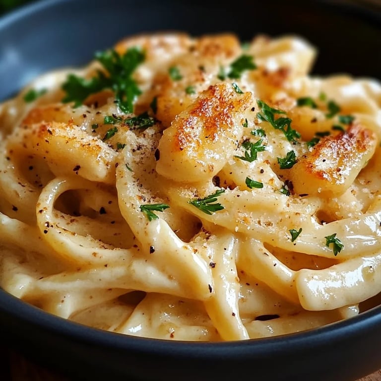 Zarte Hähnchenstreifen mit cremigen Nudeln in sahniger Sauce