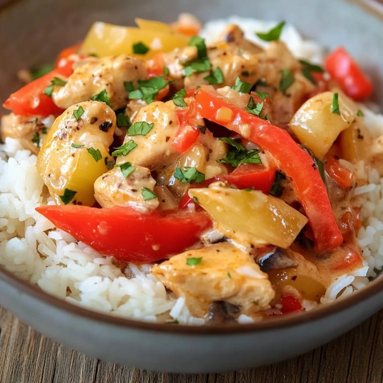 Paprika-Sahne-Hähnchen mit Reis