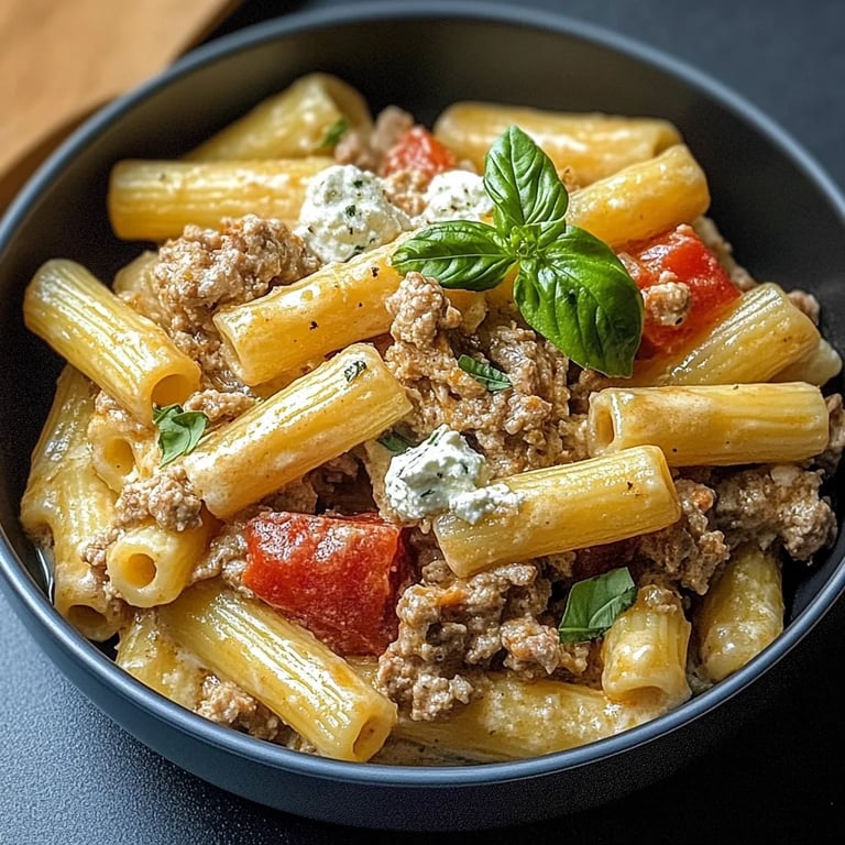 Rigatoni in Hackfleisch-Feta-Sahnesauce, scharf