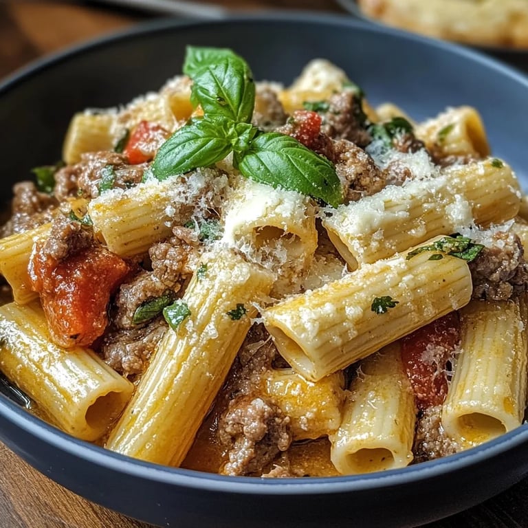 Rigatoni in Hackfleisch-Feta-Creme