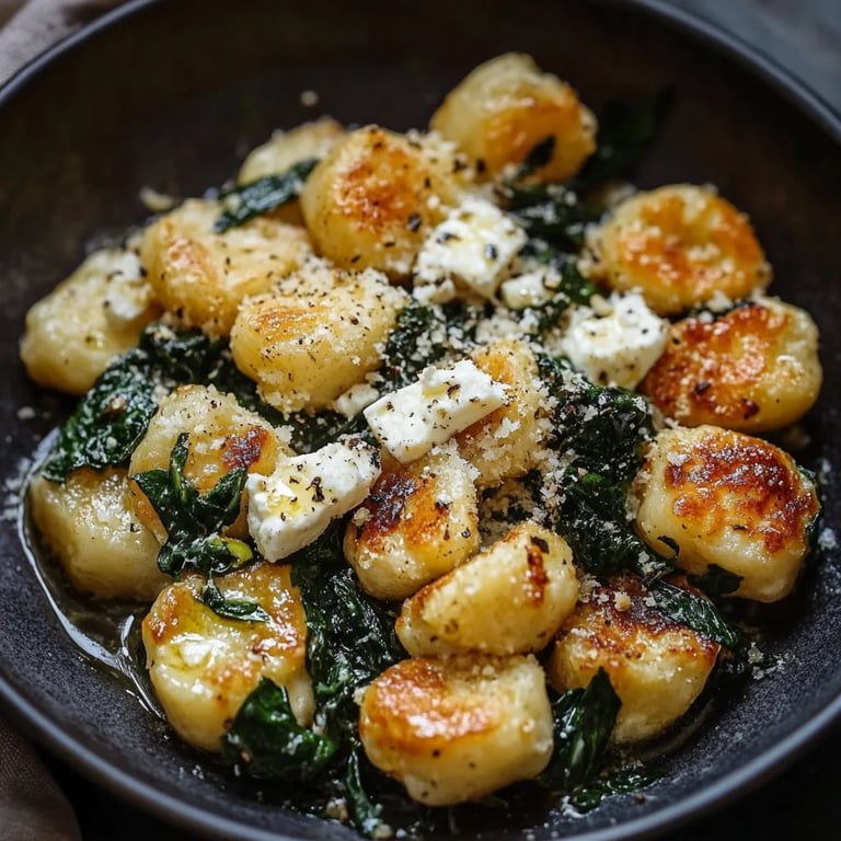 Knusprige Gnocchi mit Spinat und Feta