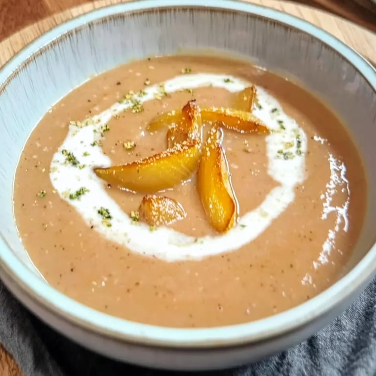 Cremige Maronensuppe mit karamellisierten Birnenspalten