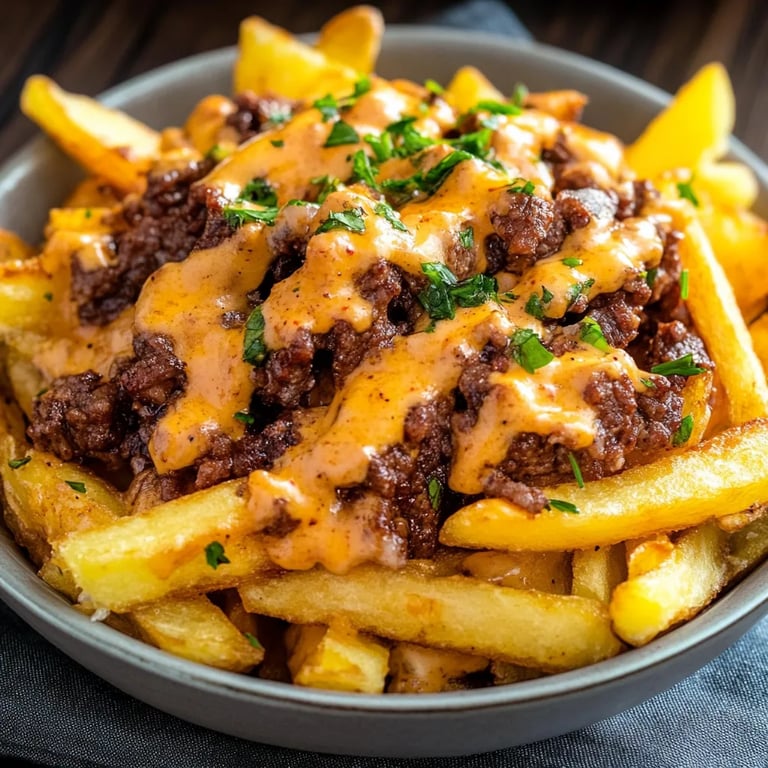 Loaded Fries mit Rinderhackfleisch und Cheddar