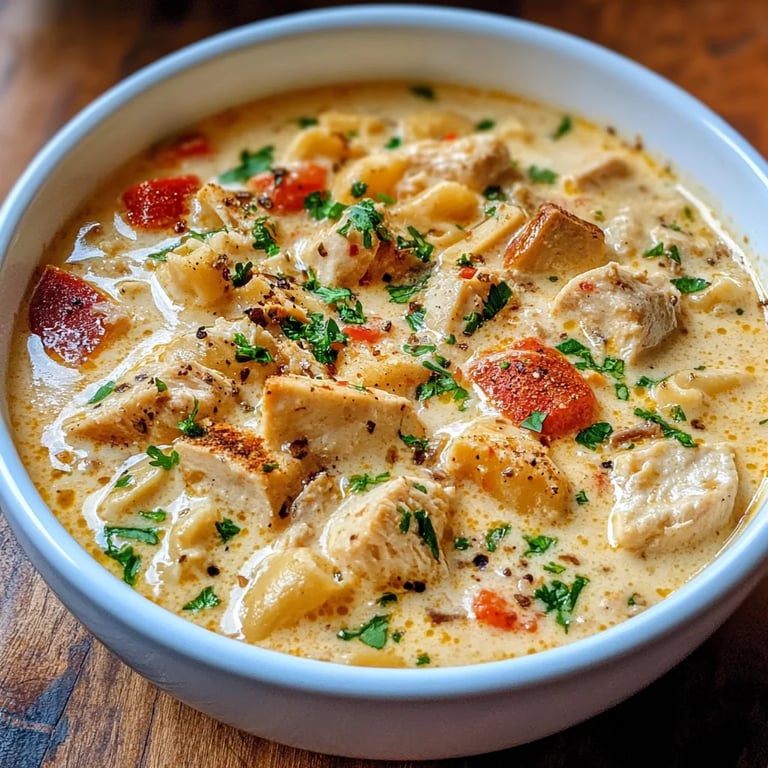 Creamy Parmesan Cajun Chicken Pasta Soup