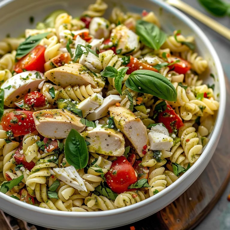 Ensalada de pasta con pollo al pesto fácil