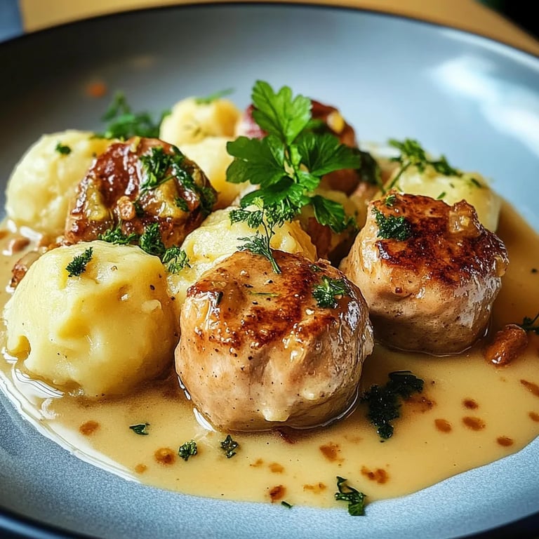 Hackbällchen in cremiger Sauce mit Kartoffelpüree