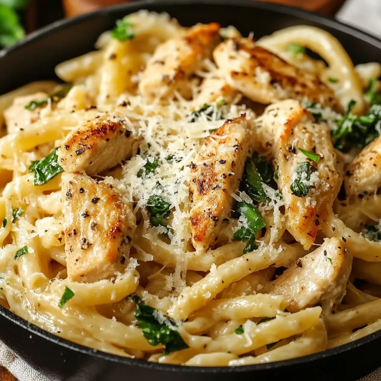 Einfaches Knoblauch-Parmesan-Hühnchen-Pasta-Rezept für ein gesundes Abendessen