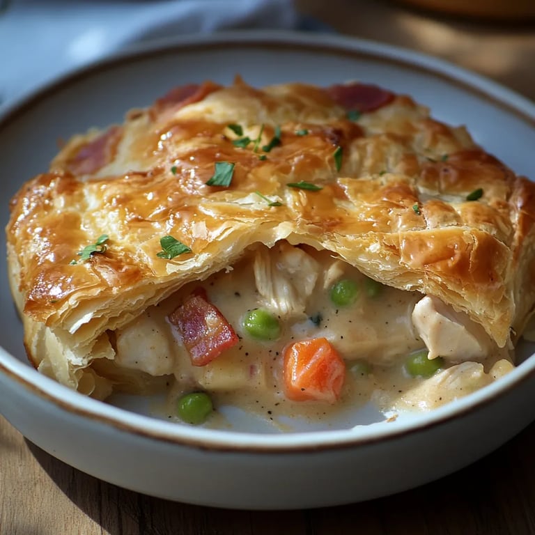 Easy Creamy Chicken Pot Pie with Puff Pastry and Bacon: An Amazing Ultimate Recipe