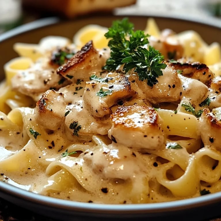 Zarte Hähnchenstreifen mit cremigen Nudeln in sahniger Sauce