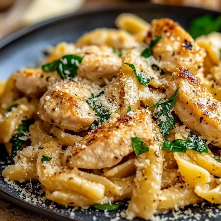 Einfaches Knoblauch-Parmesan-Hühnchen-Pasta-Rezept für ein gesundes Abendessen