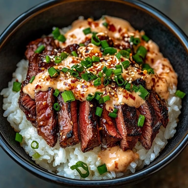 Korean BBQ Steak Rice Bowls with Spicy Cream Sauce