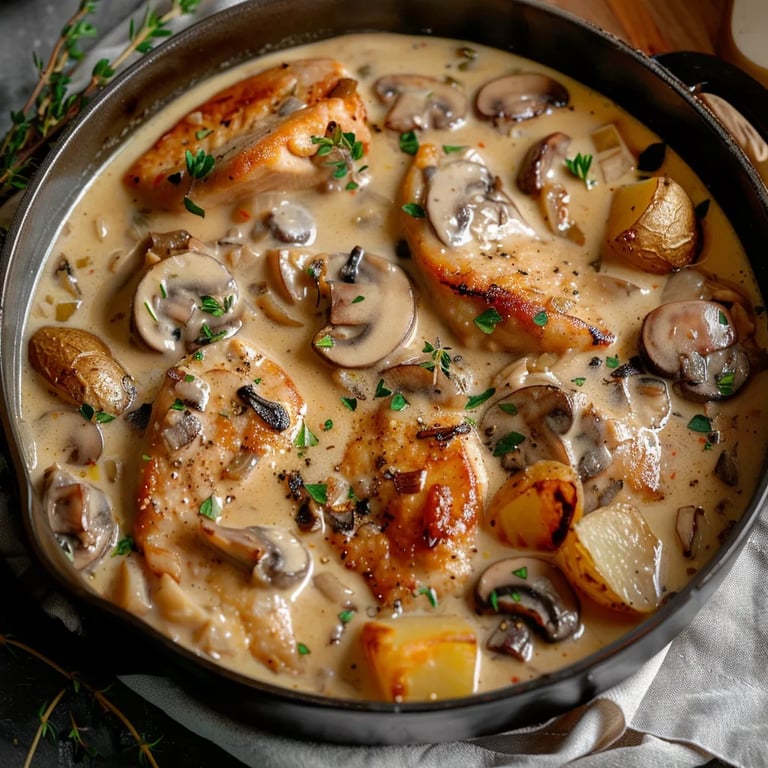 Chicken in Creamy White Sauce with Mushroom and Potatoes