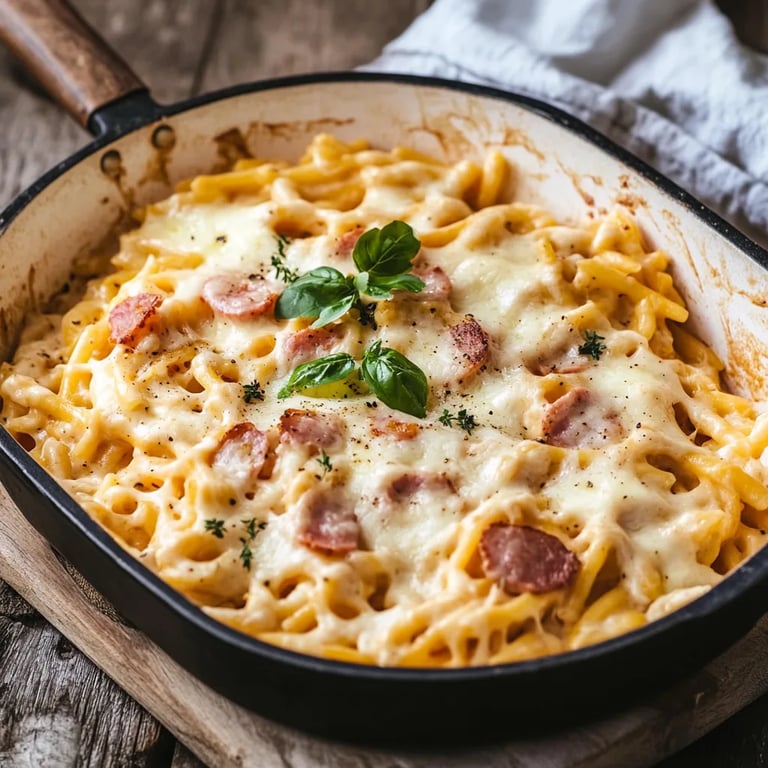 Einfacher Nudelauflauf mit Schinken & Käse