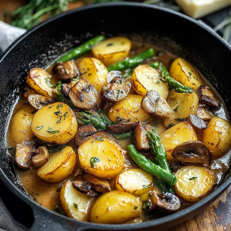 Kartoffel-Pilz-Pfanne mit grünen Bohnen