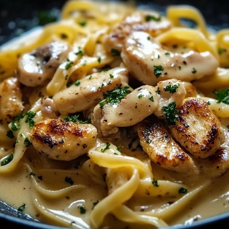 Zarte Hähnchenstreifen mit cremigen Nudeln in sahniger Sauce