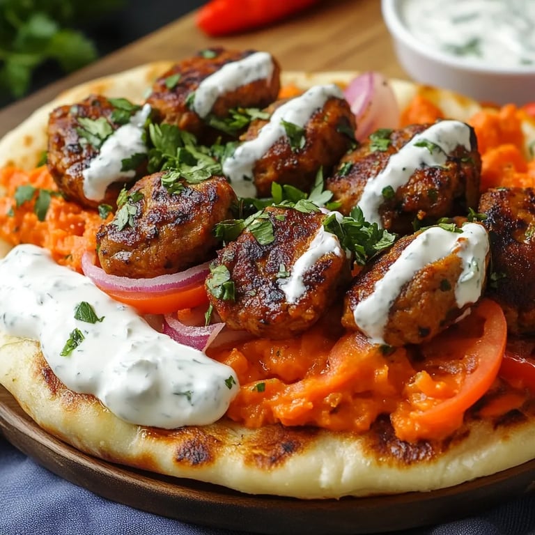 Tomaten-Kritharaki mit veganen Cevapcici und Tzatziki