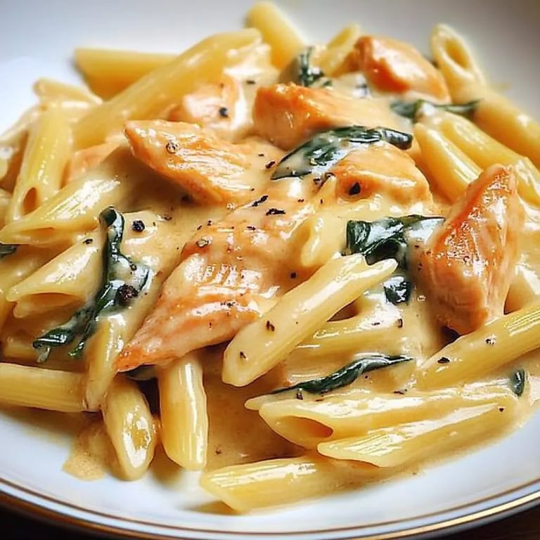 Penne in Lachs-Sahne-Sauce mit Spinat